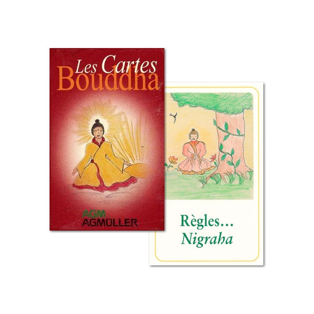Capa e carta "Règles... Nigraha" do baralho Les Cartes Bouddha, da editora AGM Urania.