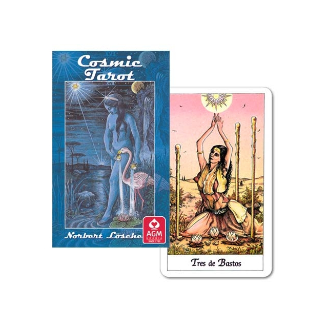 Capa e carta "Tres de Bastos" do baralho Cosmic Tarot, publicado pela editora AGM Urania.