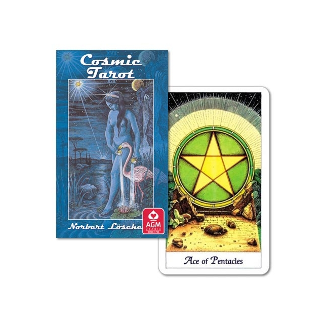 Capa e carta "Ace of Pentacles" do baralho Cosmic Tarot, da editora AGM Urania.