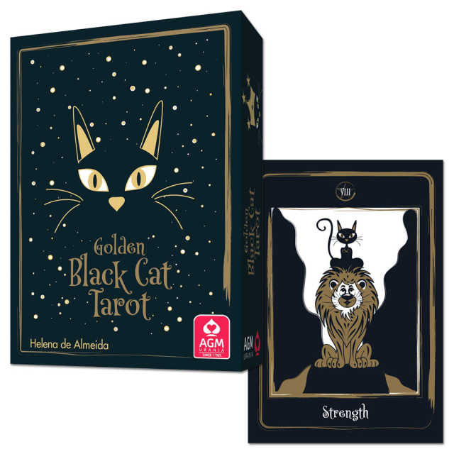 Capa e carta do Golden Black Cat Tarot, publicado pela editora AGM Urania.