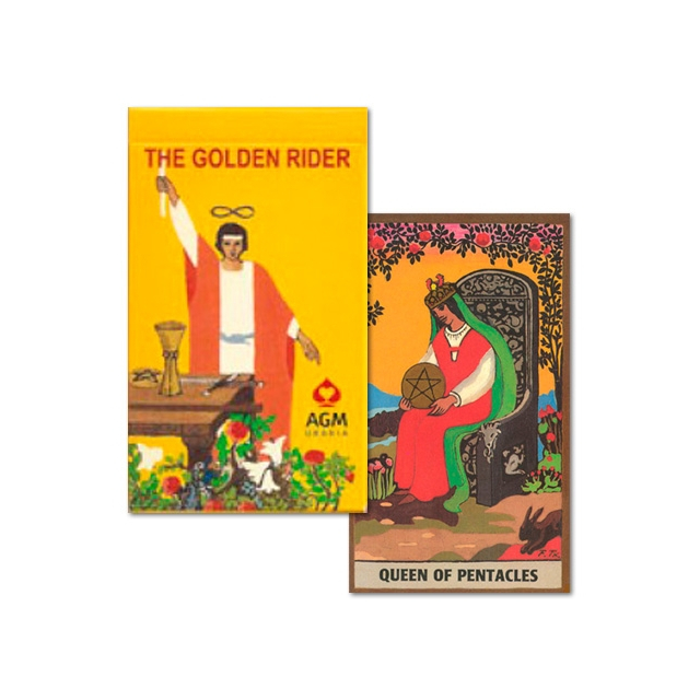 Capa e carta "Queen of Pentacles" do baralho The Golden Rider, da editora AGM Urania.