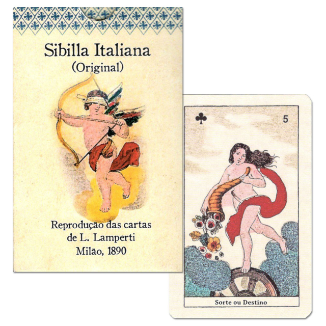 Capa e carta 5 de Paus do baralho Sibilla Italiana (Original), publicado pela editora Falando Lenormandês