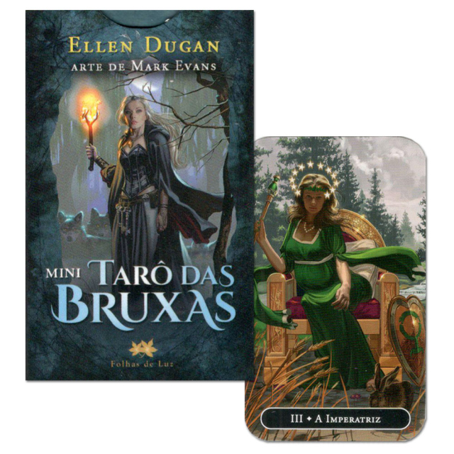 Capa e carta "A Imperatriz" do Mini Tarô das Bruxas, de Ellen Dugan e Mark Evans, publicado pela editora Folhas de Luz