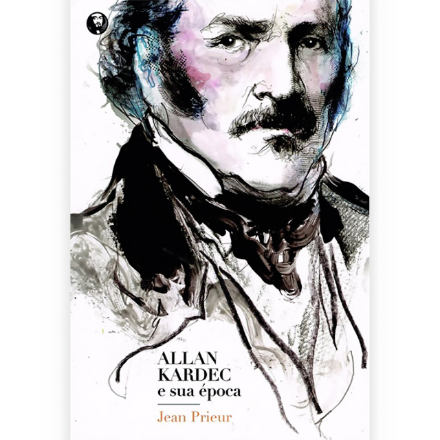 Capa do livro Allan Kardec e sua Época, de Jean Prieur, publicado pela editora Lachâtre. Mostra uma ilustração de Allan Kardec feita com materiais diversos em um fundo branco.