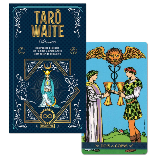 Capa e carta "Dois de Copas" do baralho "Tarô Waite Clássico", da editora Mantra.