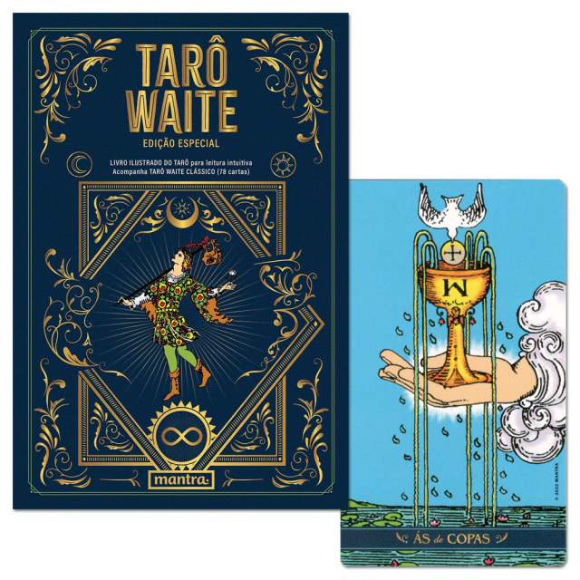 Capa e carta "Ás de Copas" da edição especial do Tarô Waite Clássico, da editora Mantra