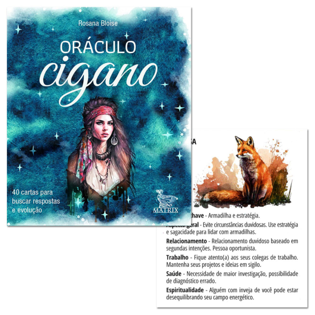 Capa e Carta "A Raposa" do Oráculo Cigano, criado por Rosana Bloise, publicado pela editora Matrix