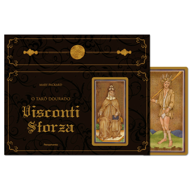 Capa e carta “O Louco” do baralho O Tarô Dourado Visconti-Sforza, de Mary Packard, publicado pela editora Pensamento