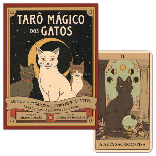 Capa do Tarô Mágico dos Gatos, de Thiago Corrêa e Catherine Davidson, publicado pela editora Pensamento. Ao lado da capa, aparece a carta da Alta Sacerdotisa.