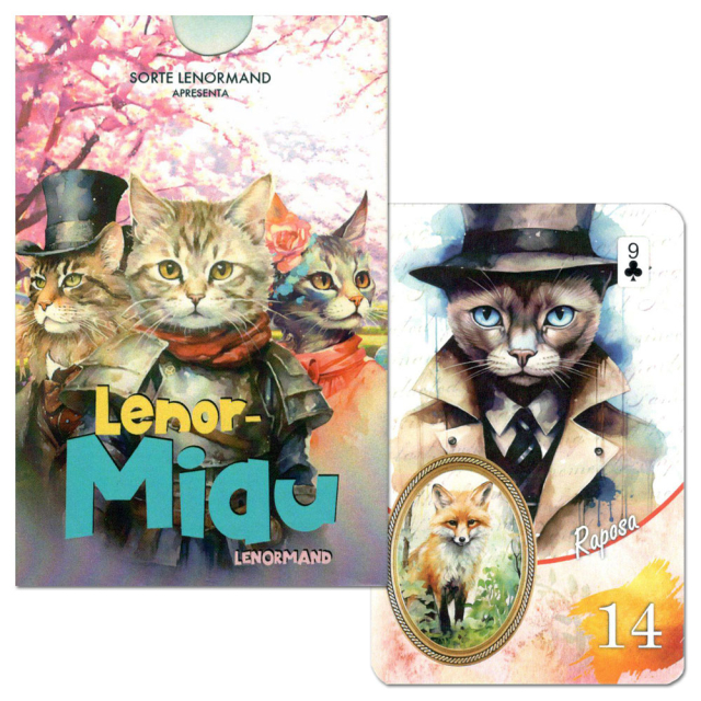 Capa e carta 14 do baralho Lenor-Miau, da editora Sorte Lenormand