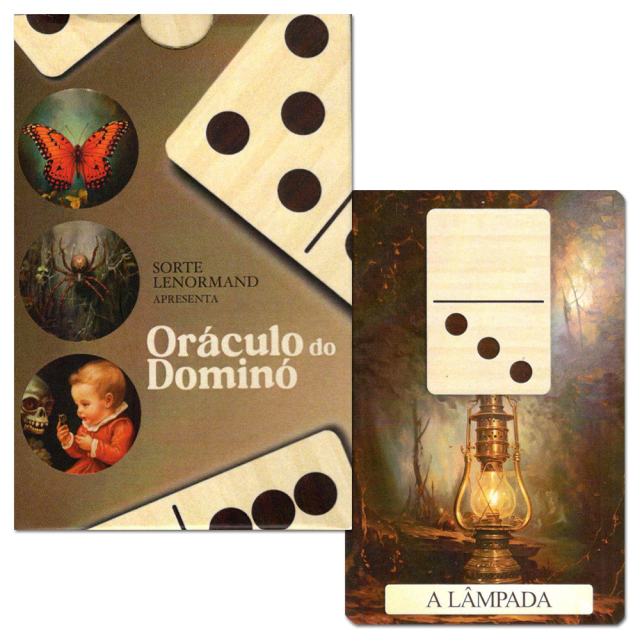 Capa e carta "A Lâmpada" do Oráculo do Dominó, publicado pela editora Sorte Lenormand