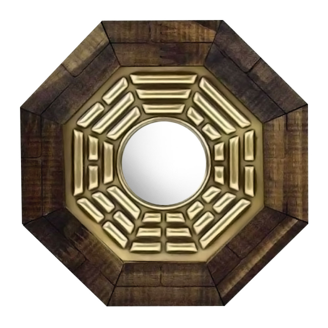 Quadro Feng Shui Baguá com espelho circular no centro. Possui moldura de madeira e símbolo Baguá dourado em autorrelevo.