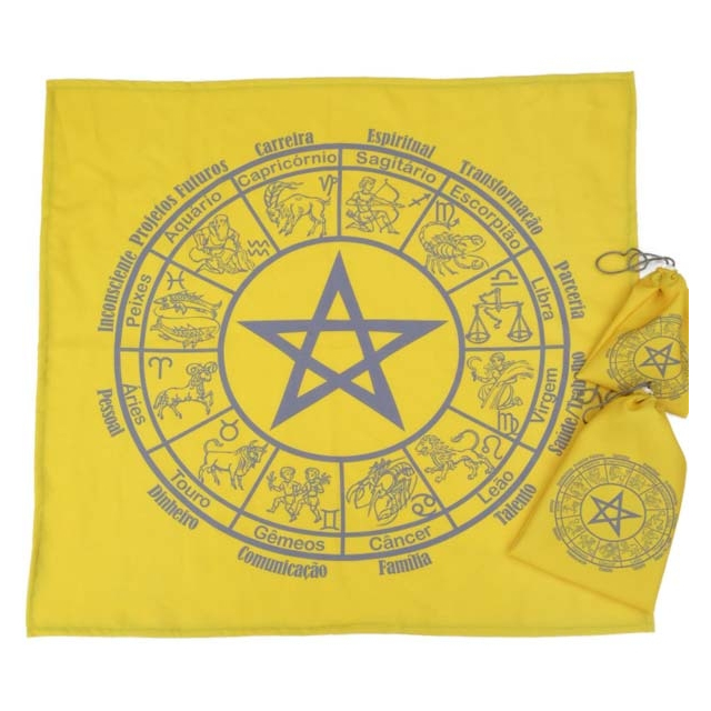 Kit Toalha + Bolsa + Sacola - Mandala Astrológica Pentagrama Amarela